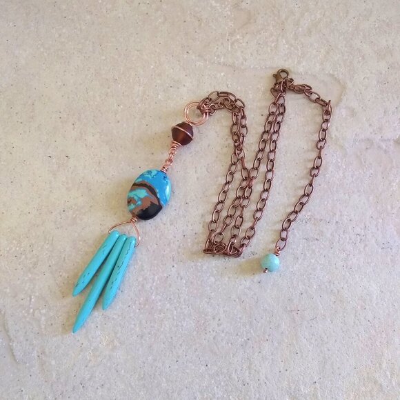 Boho Southwestern Wild Child Vibes! X-Long Turquoise & Brown Statement Necklace - Picture 5 of 12